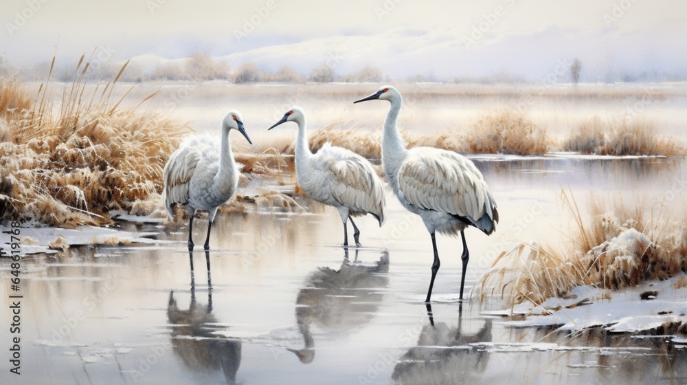 Fototapeta premium At the water, sandhill cranes and snow geese
