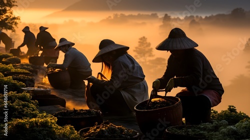 Sunset Silhouettes: Tireless Farmers Reaping Nature's Abundance Amidst Fields, Moments Before Dusk's Calm
