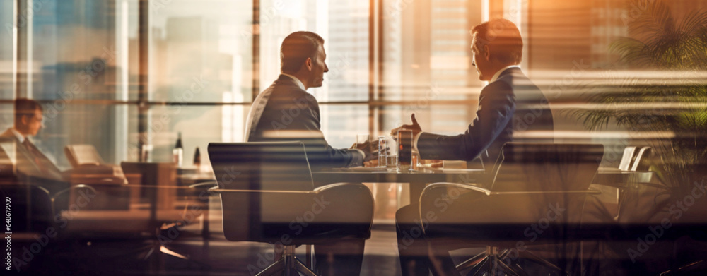 two silhouettes of businessmen in a large modern office discussing further cooperation and new business deals in business. Generative Ai two silhouettes of businessmen in a large modern office discussing further cooperation and new business deals in business. Generative Ai
