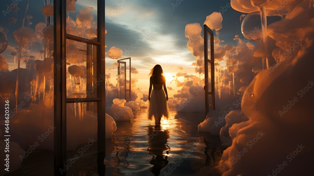 Ethereal Journey: A Woman's Serene Walk Amidst Dreamlike Clouds.