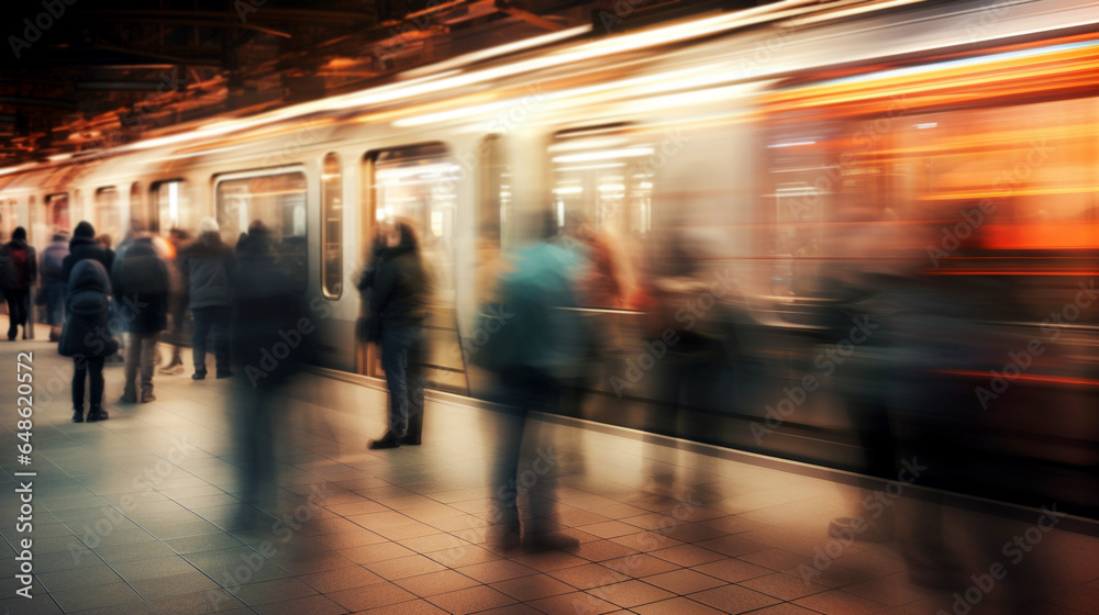 subway train arrives at the station at speed, a crowd of rushing people at rush hour waiting to board, motion blurred. Generative Ai