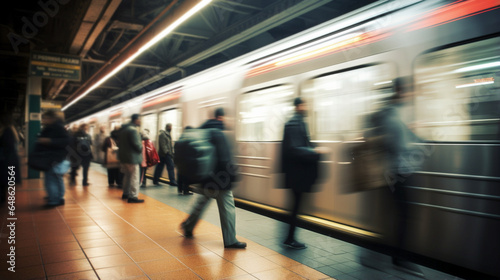 Subway train arrived at the station at speed, rushing people are waiting to board, abstract background blurred motion. Generative Ai