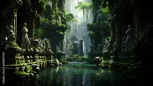 Mystic Ravine Oasis  Ancient Statues Veiled in Verdant Vines Amidst Tranquil Waters