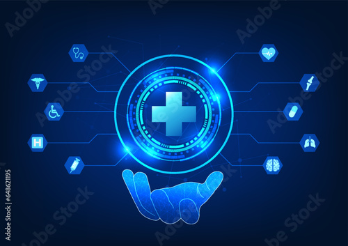 Medical technology Hand holding technology circle connected to medical icons It represents the hands of doctors using technology to help treat patients faster.