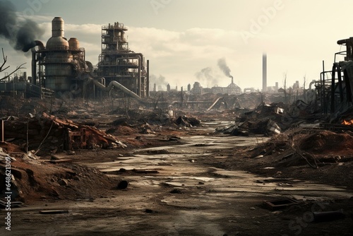 An empty wasteland after a catastrophic event with destroyed structures. Generative AI