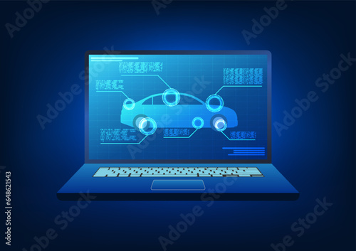 Technology that integrates with the car In order to access the performance of the car's systems, it helps to quickly analyze the details of the problem. The laptop screen has a car being scanned.