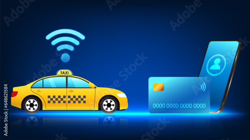 Smartphone technology linked to credit cards can pay taxi drivers via mobile phone. The taxi has a Wi-Fi sign and a mobile phone with a credit card on the front.