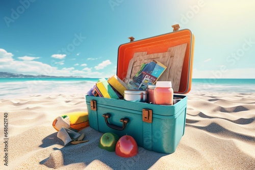 Colorful suitcase on sandy beach with beach items, surrounded by sea and sky. Suitable for summer travel. Created with digital rendering. Generative AI