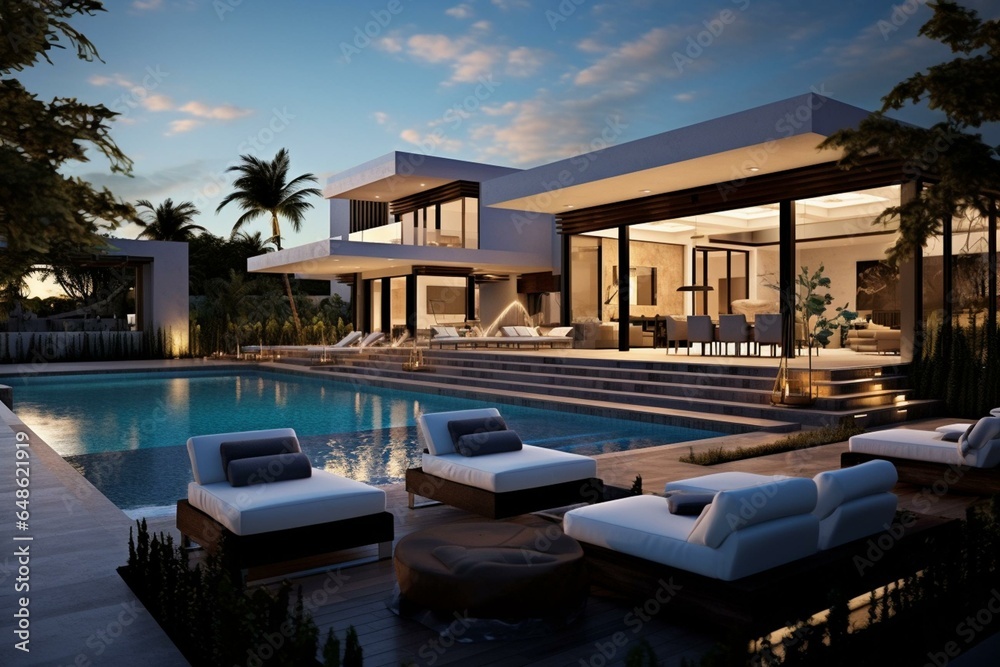 Contemporary residence featuring a pool and outdoor seating area. Generative AI