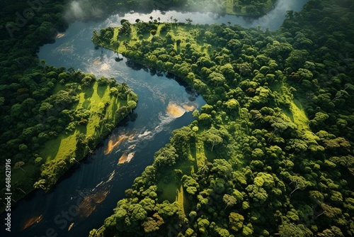 overhead view of the amazon rainforest. Generative AI © Calantha