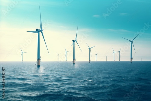 7680x4320 resolution image of offshore wind turbines on the ocean. Sustainable energy production, clean power. Generative AI