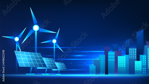 Alternative energy technology, windmill with solar panels that supply electricity to the city Refers to wind turbine and solar cell technology that produce electrical energy.