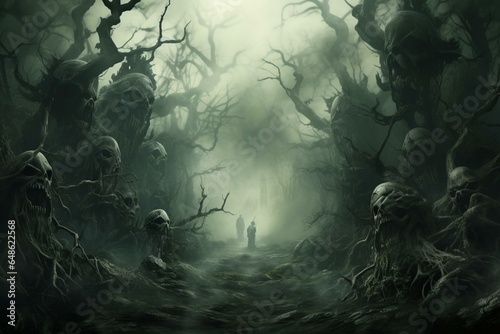 An eerie forest scene with creepy creatures emerging from smoky depths. Generative AI