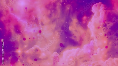 Moving pink nebula space background with floating dust. Seamless loop animation.