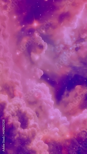 Moving pink nebula space background with floating dust. Seamless loop animation. Vertical video.