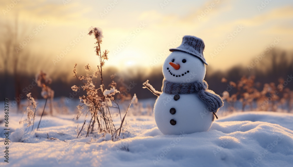 Obraz premium Adorable Winter Snowman with a Snowy Landscape in the Background - Generative Ai