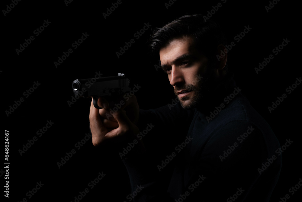 Spy Aiming Gun Undercover police or private detective with a pistol in the dark Young bearded man with gun act like a spy or secret agent Handsome young man pointing gun to outlaw or criminal Spy Aiming Gun Undercover police or private detective with a pistol in the dark Young bearded man with gun act like a spy or secret agent Handsome young man pointing gun to outlaw or criminal