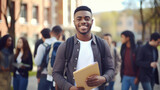 Enjoying university life. Handsome young African man holding books and smiling while standing against university with his friends chatting in the background