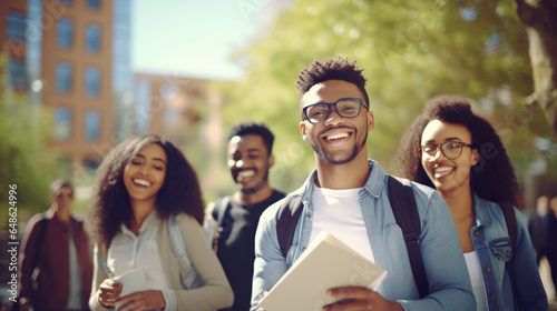 Enjoying university life. Handsome young African man holding books and smiling while standing against university with his friends chatting in the background