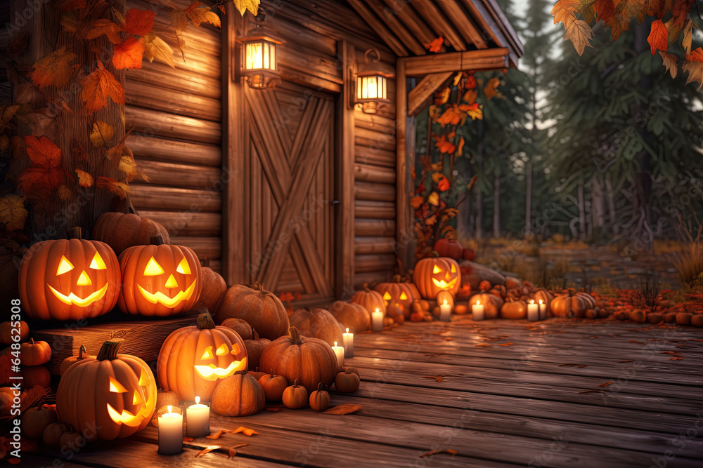 Obraz premium Halloween Background pumpkins, Candles and autumn leaves on the wooden house porch. Night view of a house Halloween decoration