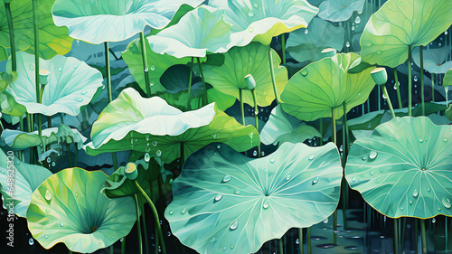 Lotus in the pond with water drops after rain, nature background in watercolor illustration