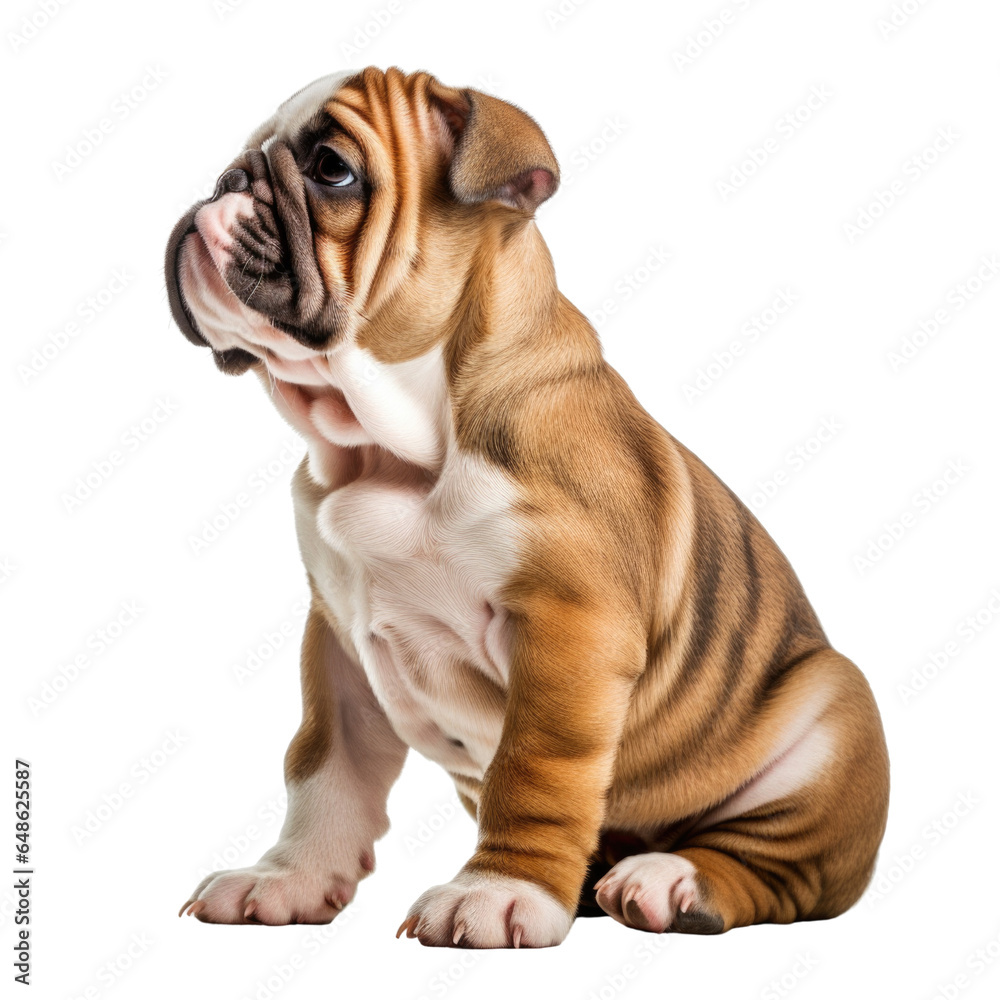 Side view of cute bulldog sitting isolated on white background