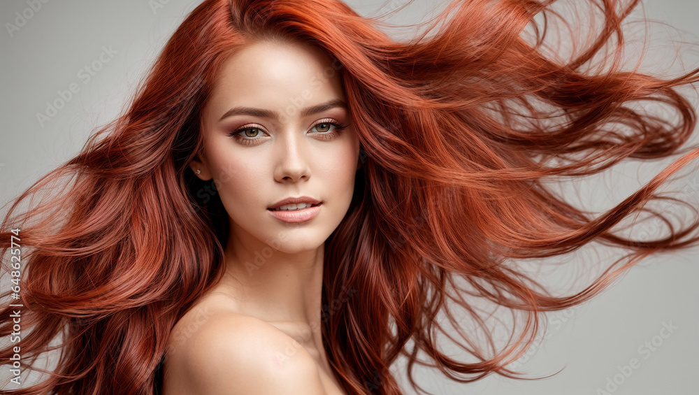 Naklejka premium Portrait of a beautiful woman with very long red hair