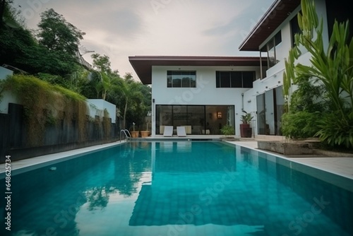 Modern cozy house for sale or rent with pool and parking, luxurious style, beautiful landscaping, clear summer evening with cozy light. Generative AI © Safi