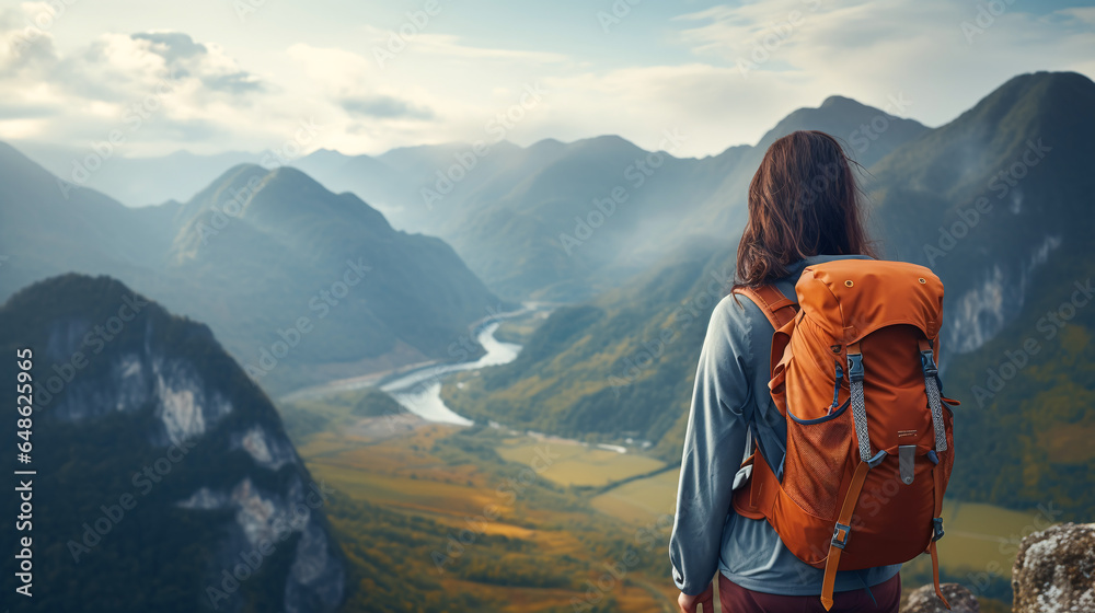 Woman with backpack standing at the viewpoint and looking at the beautiful nature scenery with valley and mountains.