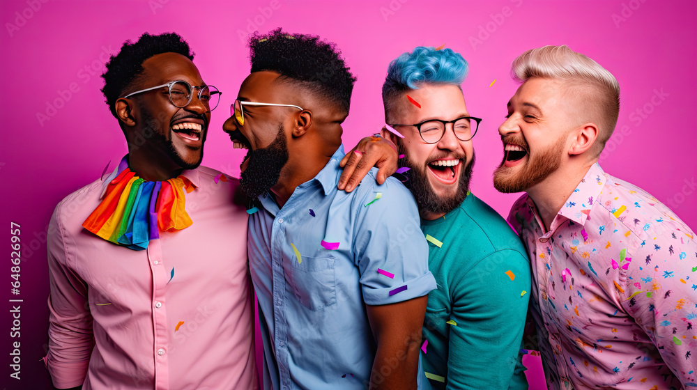 Portrait of LGBTQ+ Men Celebrating and Having Fun on Camera in Bright Studio Portrait of LGBTQ+ Men Celebrating and Having Fun on Camera in Bright Studio