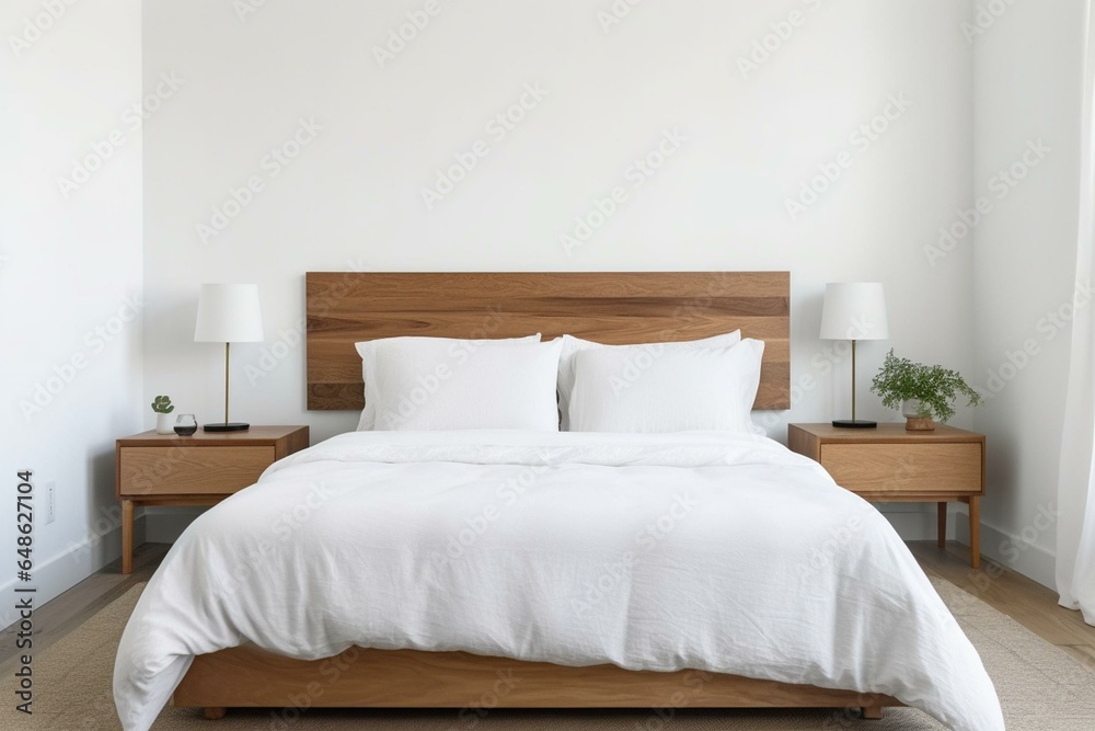A calm and simple bedroom with a bed, white bedding, wooden headboard, neutral color palette, natural light, and empty wall. Generative AI