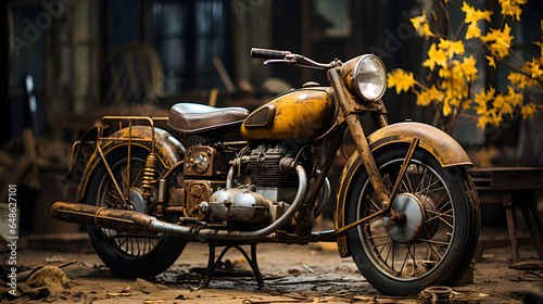 Vintage rustic motorcycle parked in the street