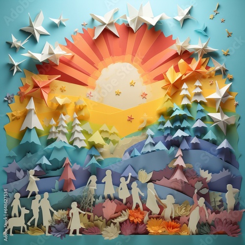 Origami Meadow Delight  Children and Rainbow in a Paper Wonderland