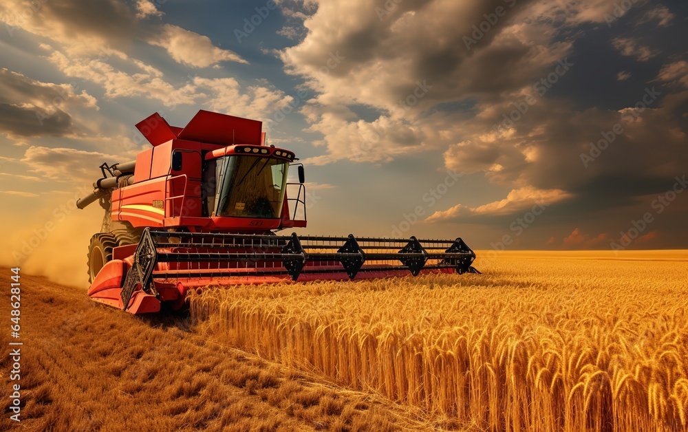 Obraz premium Combine harvester removes ripe wheat agricultural work, harvesting grain in field concept of planting and harvesting rich harvest Generative AI