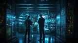 Two men looking at hologram screens in server room