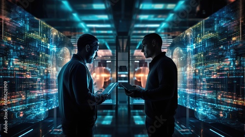 Silhouette of two guys using digital tablet in server room