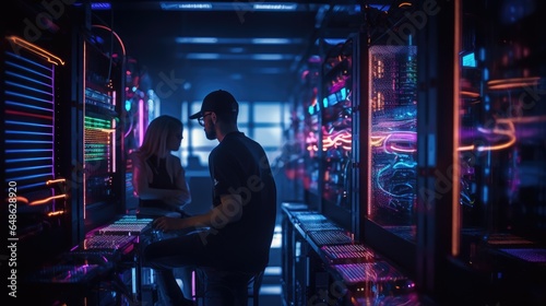 Young couple in datacenter with servers in the data center