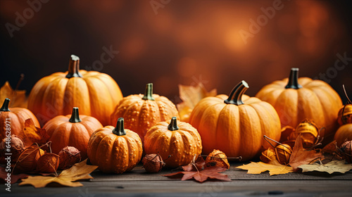 Autumn composition with orange pumpkins and Fall maple leaves on a light surface  copy space on a wooden background.