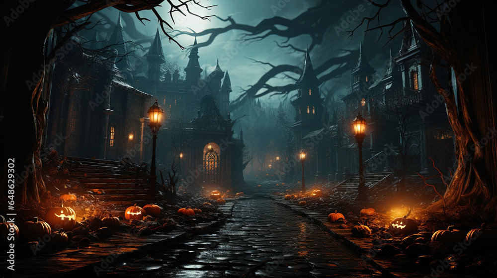 Halloween background with pumpkins and haunted house. 3D render Halloween background with Evil Pumpkin. Spooky scary dark Night forest. Holiday event Halloween banner background concept