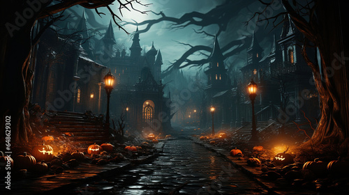 Halloween background with pumpkins and haunted house. 3D render Halloween background with Evil Pumpkin. Spooky scary dark Night forest. Holiday event Halloween banner background concept © DailyStock