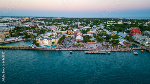 Mallory Square and Duval street in key west aerial view of people gathering for sunset