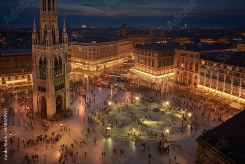 Aerial view of Milan's Piazza Duomo at night. Generative AI