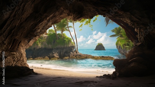 A beach view seen through a cave