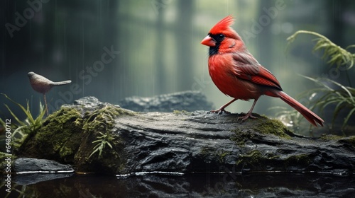 A cardinal bird perches on a rock in water © Pretty Panda