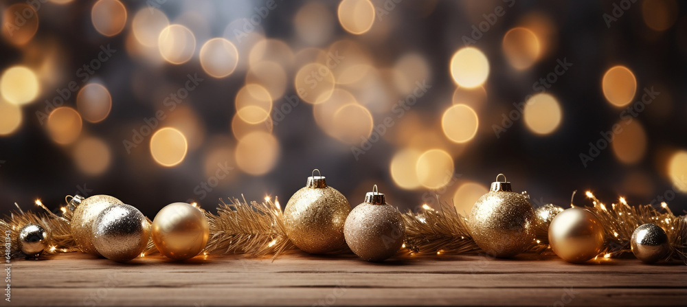 Festive Christmas table with decorations on wooden surface Festive Christmas table with decorations on wooden surface