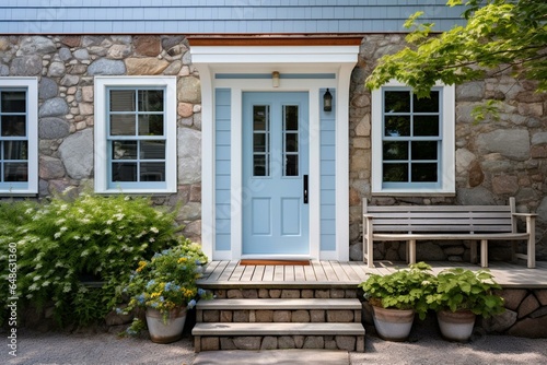 A wooden front door with windows, surrounded by siding in white, blue, and stone. Generative AI