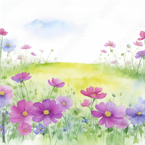 Vector hand painted watercolor cosmos floral garden field landscape background