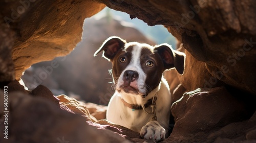 A dog gazes from the cave entrance