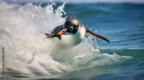 A Gentoo penguin fledgling at the ocean waves