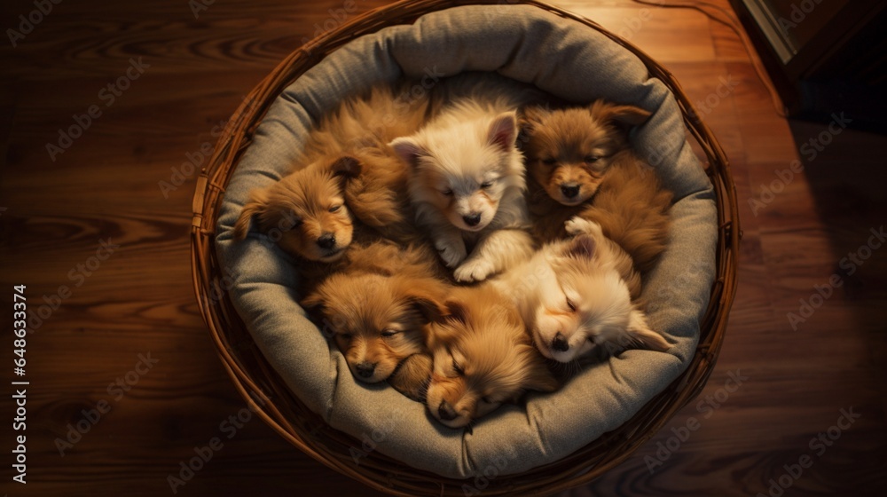 Obraz premium A high-angle shot captures the cute puppies enjoying a nap in their pet bed on the hardwood floor in their home